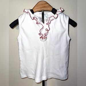 Little English white sleeveless top with ruffle neck, sz 5, small spot on collar